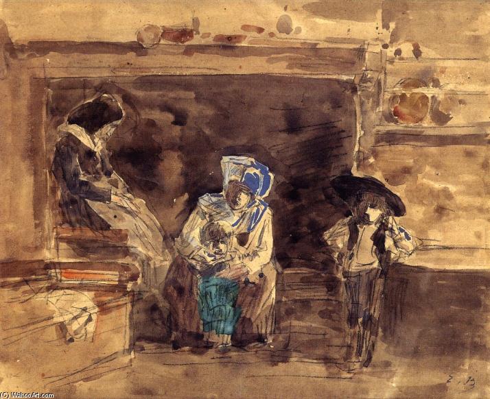 WikiOO.org - Encyclopedia of Fine Arts - Lukisan, Artwork Eugène Louis Boudin - Breton Family by the Fireplace
