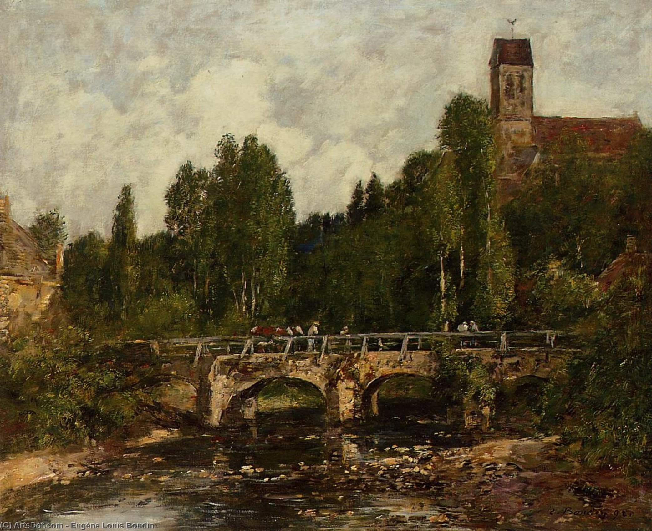Wikioo.org - The Encyclopedia of Fine Arts - Painting, Artwork by Eugène Louis Boudin - Saint-Cenery, the Church and the Bridge