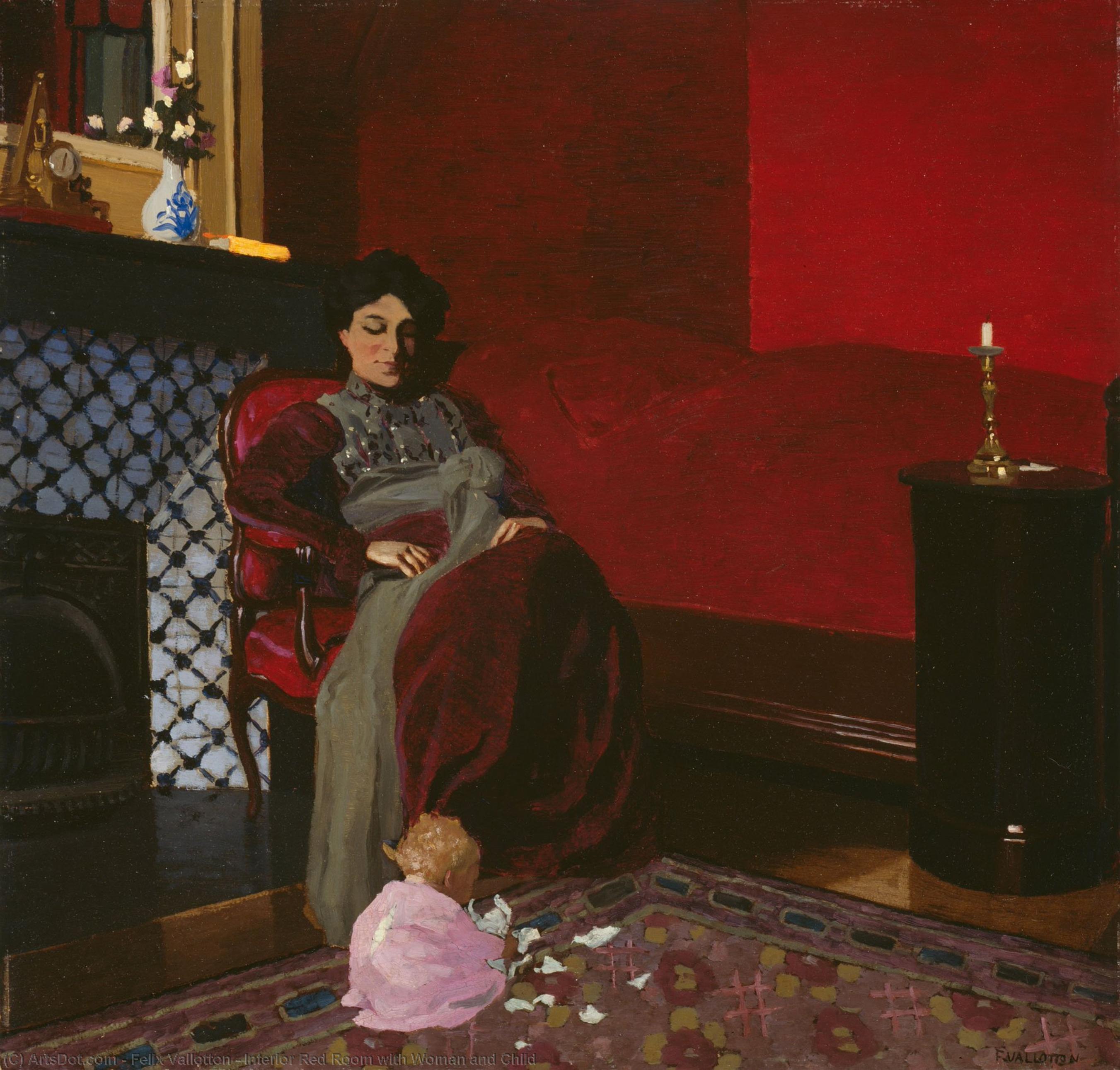 Wikoo.org - موسوعة الفنون الجميلة - اللوحة، العمل الفني Felix Vallotton - Interior Red Room with Woman and Child