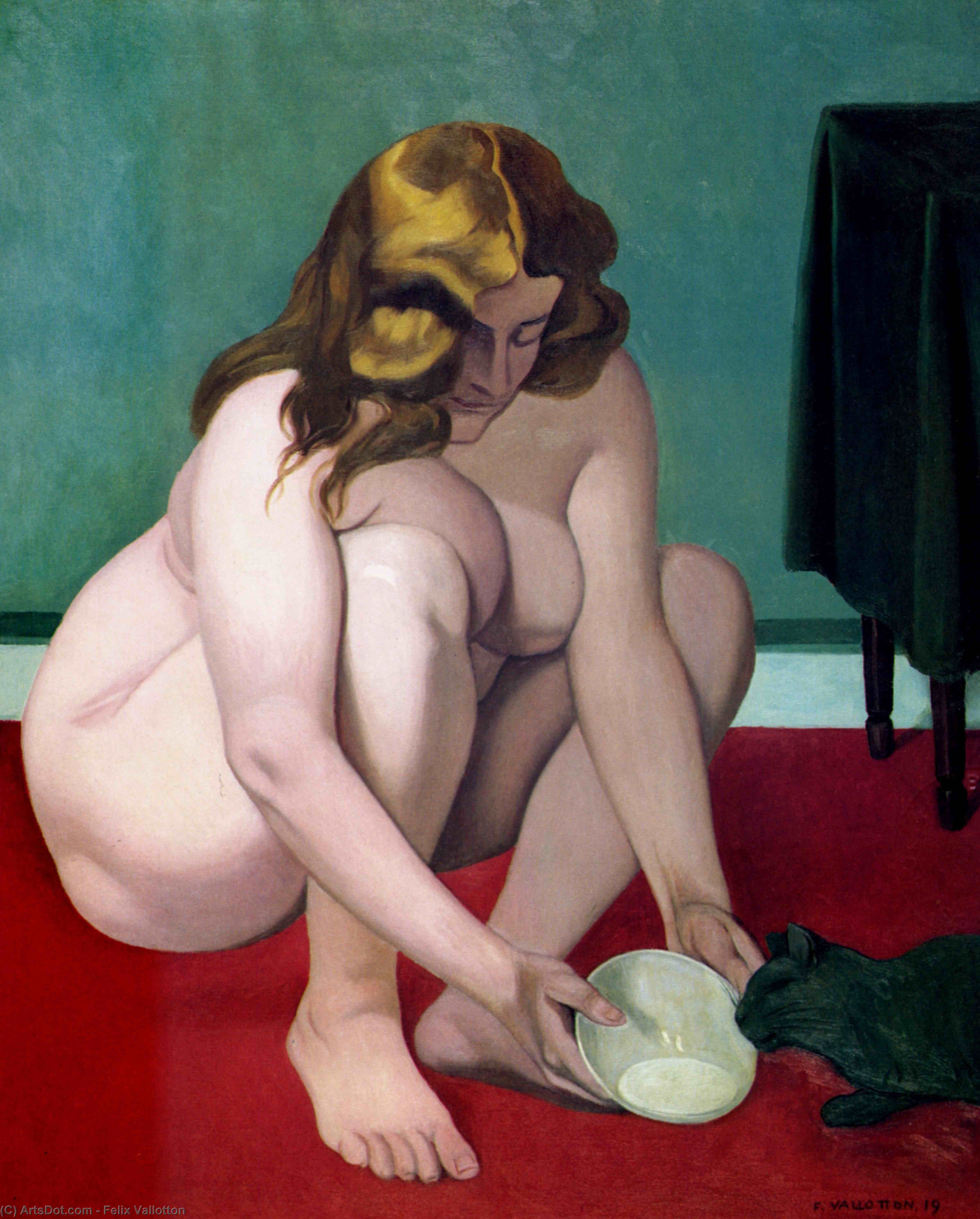Wikoo.org - موسوعة الفنون الجميلة - اللوحة، العمل الفني Felix Vallotton - Squatted woman offering of milk to a cat