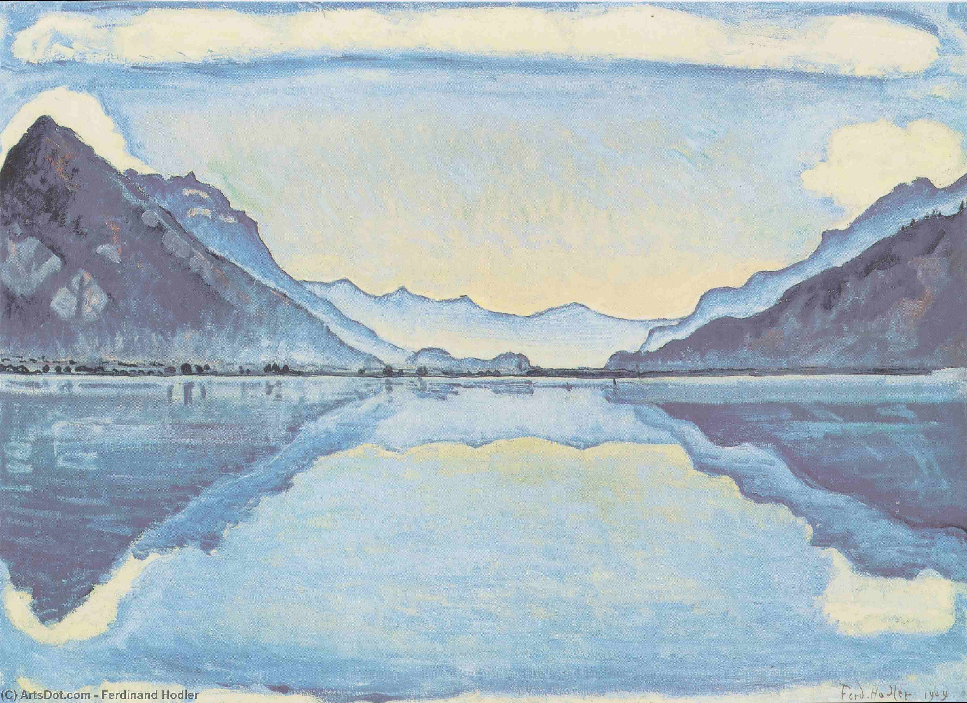 Wikoo.org - موسوعة الفنون الجميلة - اللوحة، العمل الفني Ferdinand Hodler - Thun with symmetric mirroring