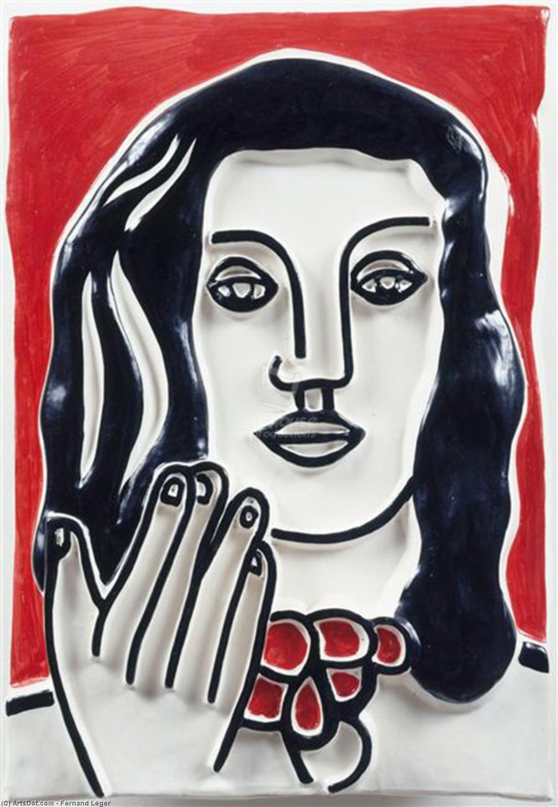 Wikoo.org - موسوعة الفنون الجميلة - اللوحة، العمل الفني Fernand Leger - Face by hand on a red background
