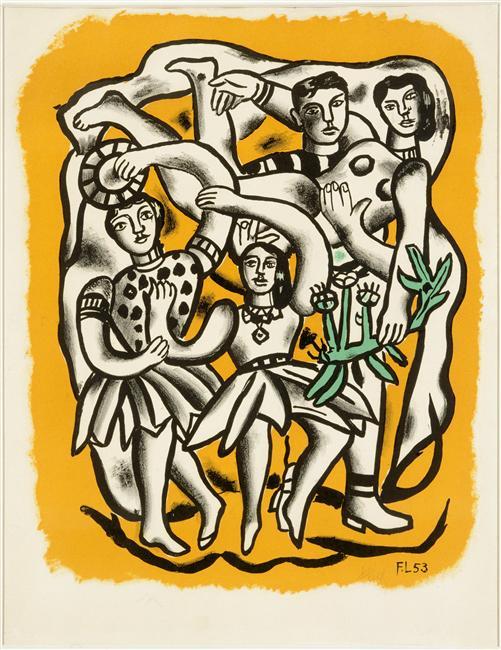 Wikoo.org - موسوعة الفنون الجميلة - اللوحة، العمل الفني Fernand Leger - The dancers (yellow background)
