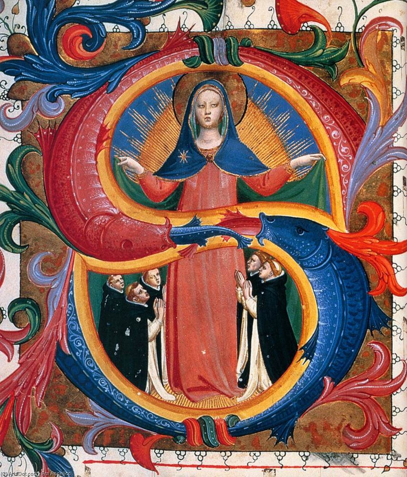 Wikioo.org – La Enciclopedia de las Bellas Artes - Pintura, Obras de arte de Fra Angelico - virgen todaclasede  Misericordia  enestado  de rodillas  frailes