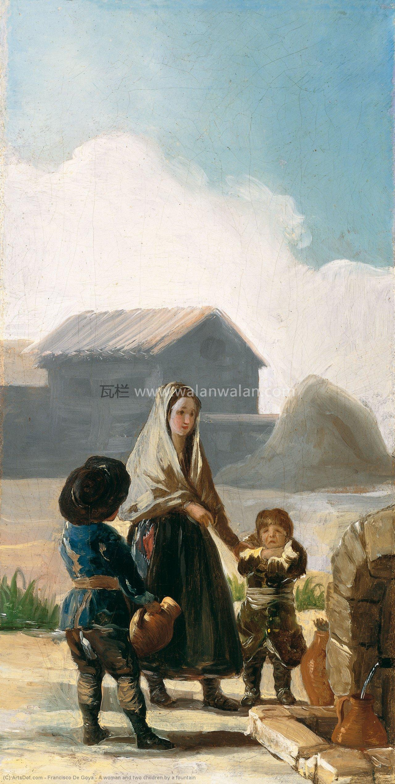 Wikioo.org – La Enciclopedia de las Bellas Artes - Pintura, Obras de arte de Francisco De Goya - una mujer y dos niños por una fuente
