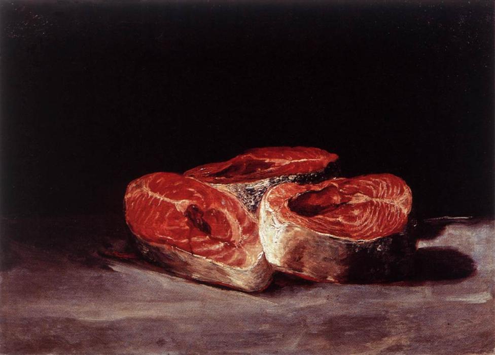 Wikioo.org - Bách khoa toàn thư về mỹ thuật - Vẽ tranh, Tác phẩm nghệ thuật Francisco De Goya - Still Life Three Salmon Steaks