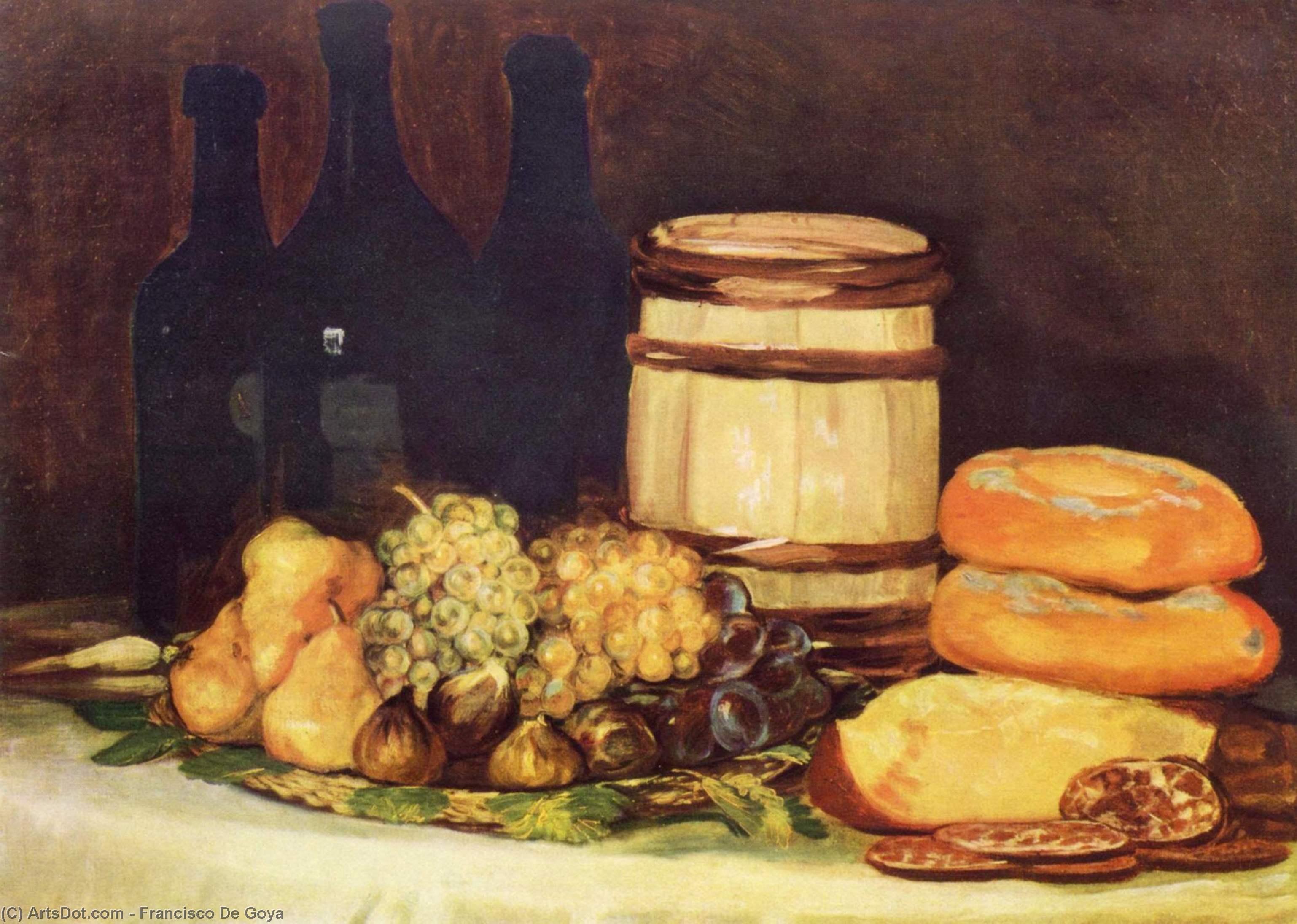 Wikioo.org - The Encyclopedia of Fine Arts - Painting, Artwork by Francisco De Goya - Still life with fruit, bottles, breads
