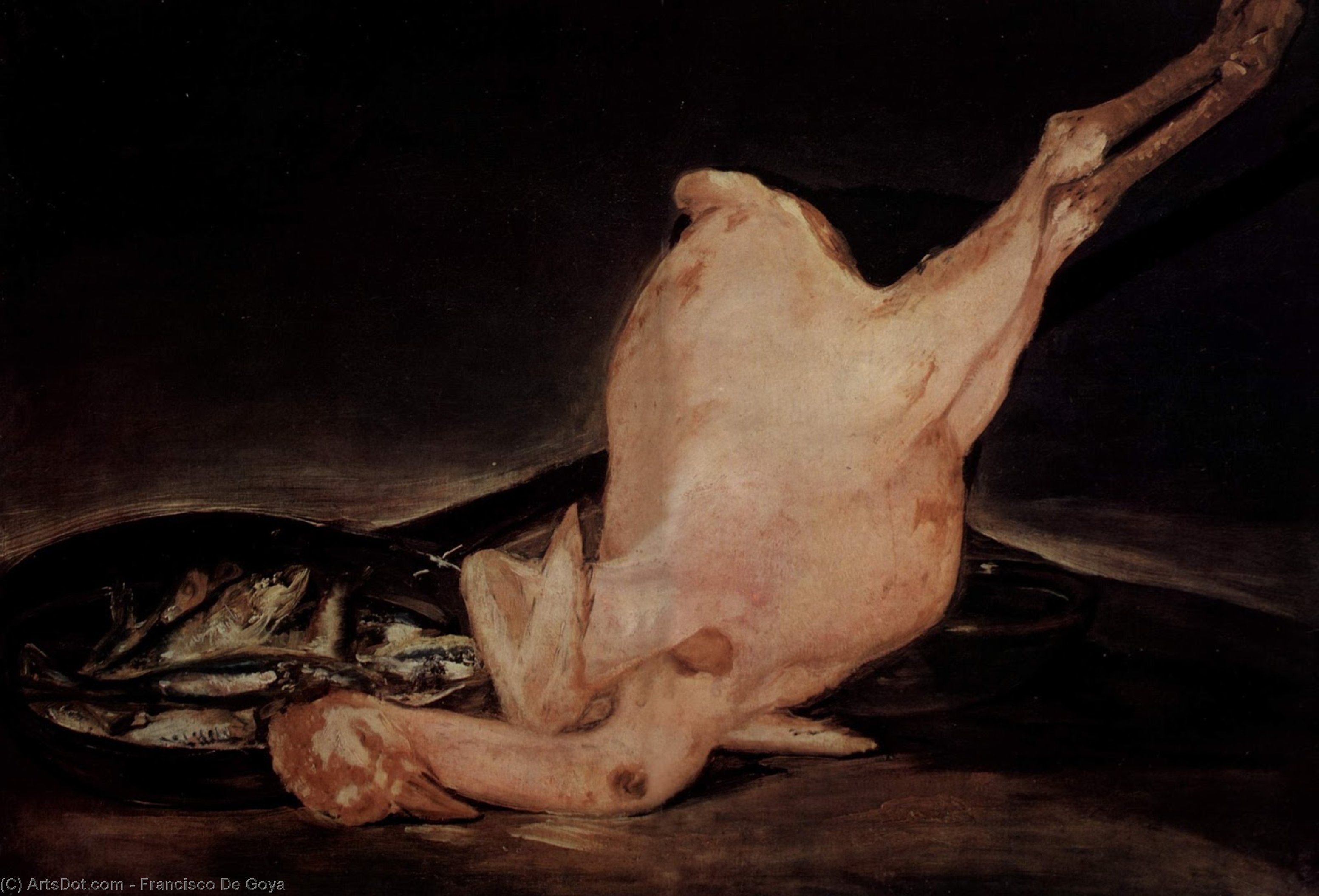 Wikioo.org - The Encyclopedia of Fine Arts - Painting, Artwork by Francisco De Goya - Still life, plucked turkey and pan with fish