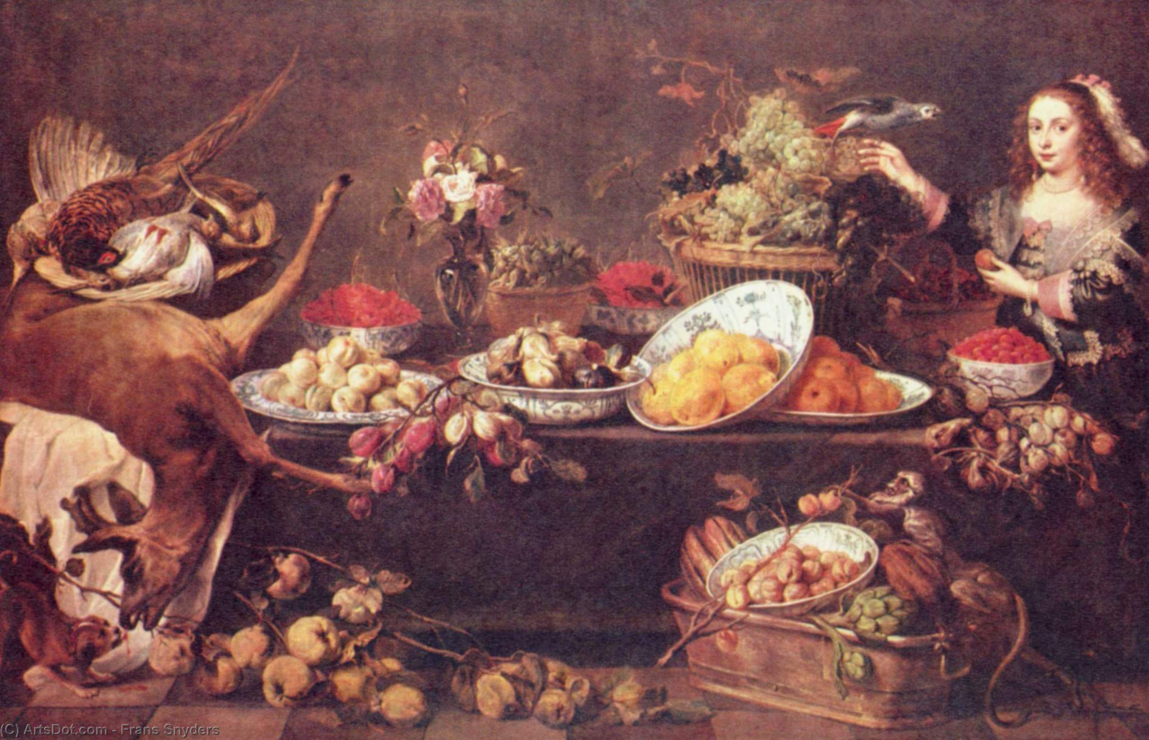 Wikioo.org - The Encyclopedia of Fine Arts - Painting, Artwork by Frans Snyders - Large still life with a lady and parrot