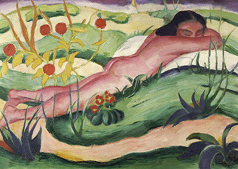 Wikoo.org - موسوعة الفنون الجميلة - اللوحة، العمل الفني Franz Marc - Nude Lying In The Flowers