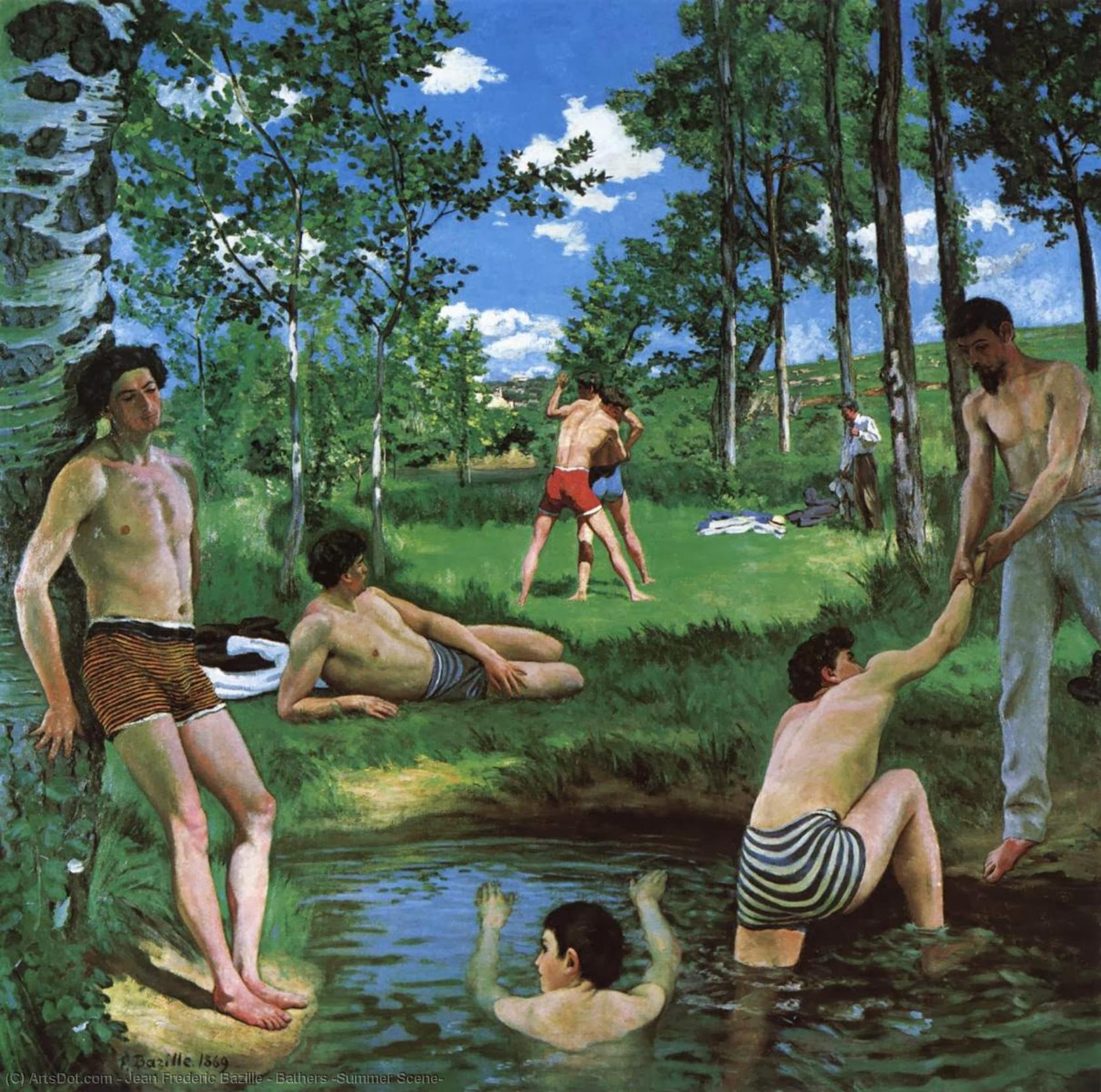 Wikioo.org – La Enciclopedia de las Bellas Artes - Pintura, Obras de arte de Jean Frederic Bazille - Bañistas ( escena de verano )