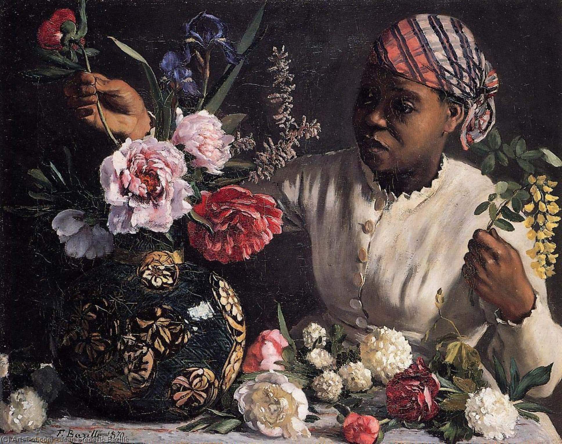 WikiOO.org - Encyclopedia of Fine Arts - Schilderen, Artwork Jean Frederic Bazille - Negress with Peonies
