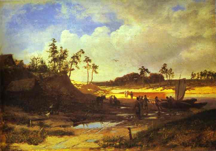 Wikioo.org - The Encyclopedia of Fine Arts - Painting, Artwork by Fyodor Alexandrovich Vasilyev - Peasants with a Boat on a Sandy Beach