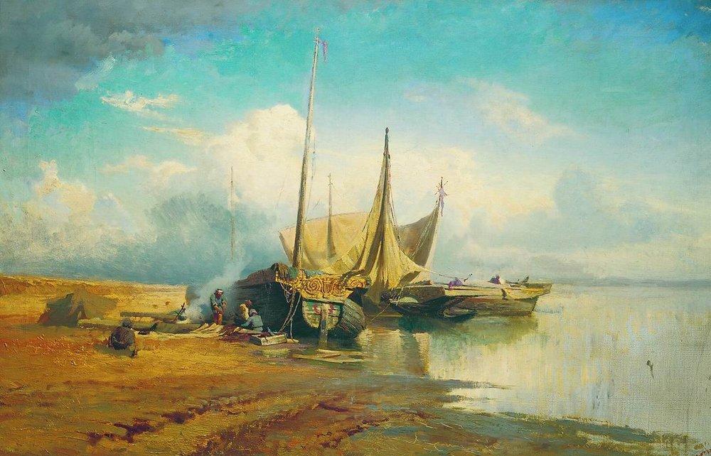 Wikioo.org - The Encyclopedia of Fine Arts - Painting, Artwork by Fyodor Alexandrovich Vasilyev - Barges on Volga