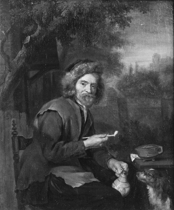 WikiOO.org - Encyclopedia of Fine Arts - Lukisan, Artwork Gabriel Metsu - An Old Man Holding a Pipe and a jug