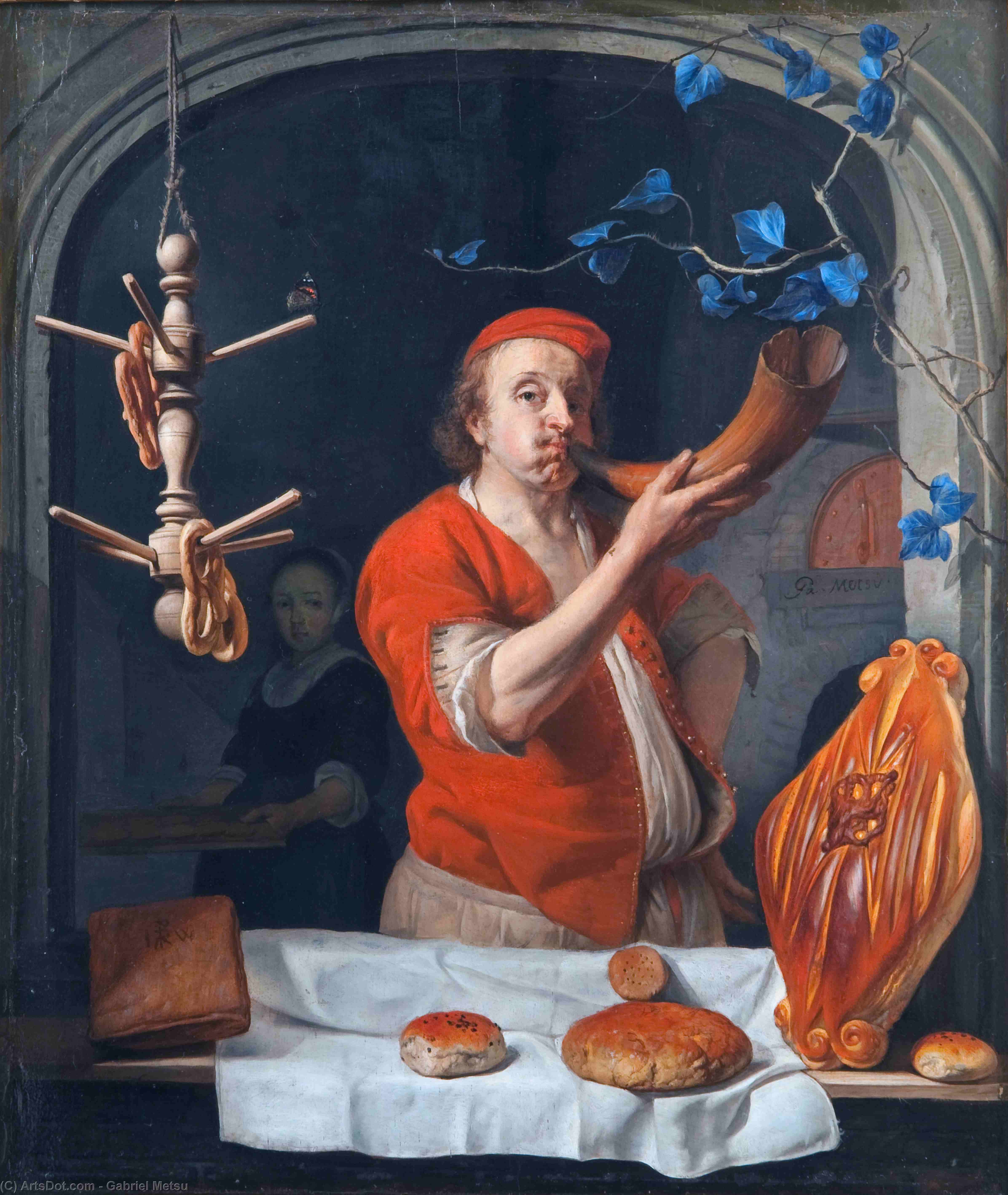 Wikioo.org - The Encyclopedia of Fine Arts - Painting, Artwork by Gabriel Metsu - A Baker Blowing his Horn