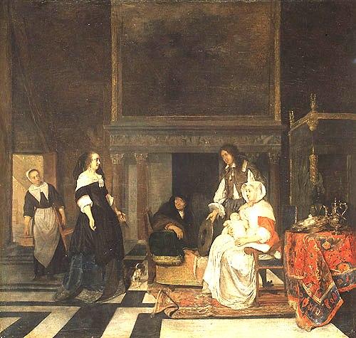 Wikioo.org - The Encyclopedia of Fine Arts - Painting, Artwork by Gabriel Metsu - Visit to the Nursery, after the Birth of Sara Hinlopen