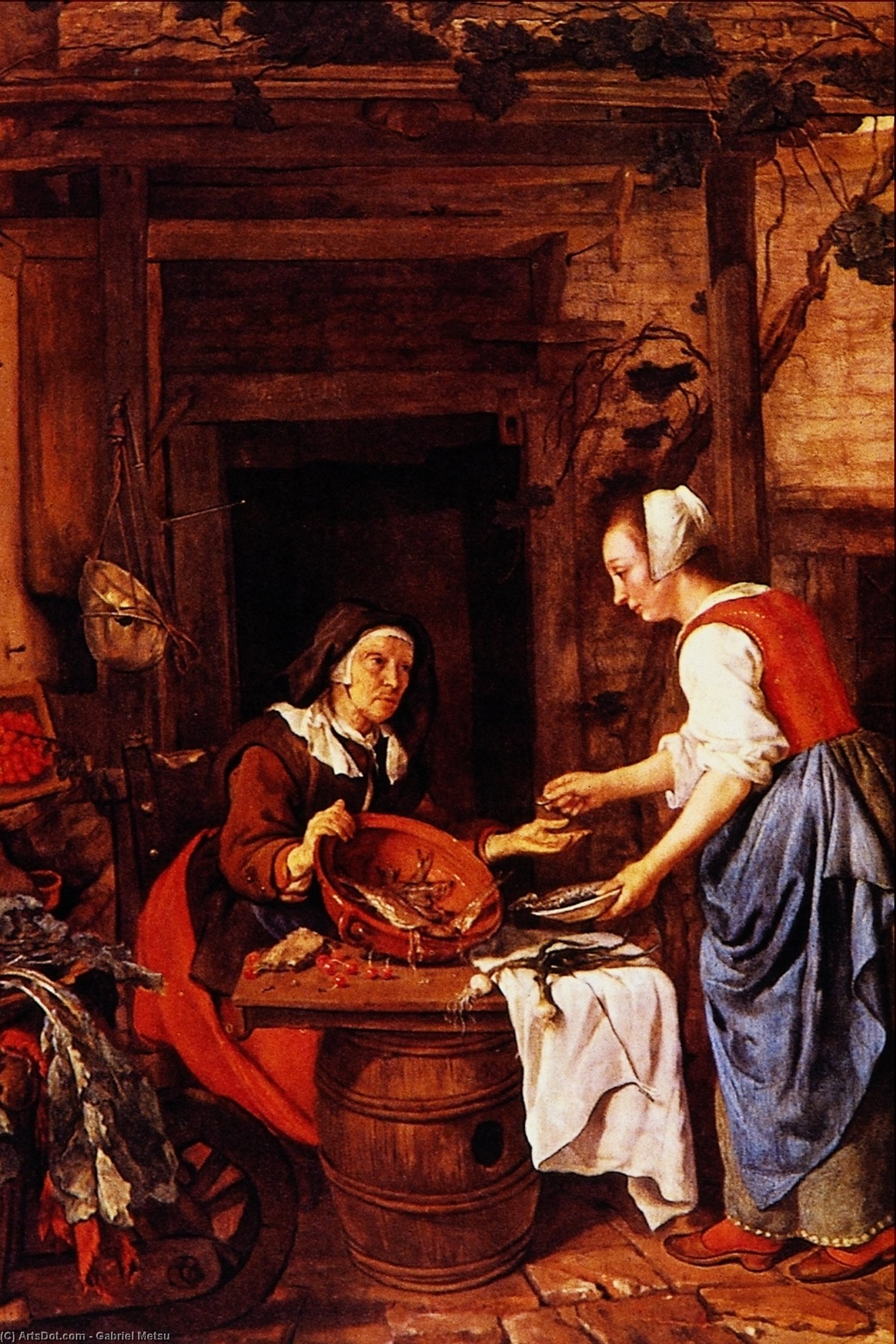 Wikioo.org - The Encyclopedia of Fine Arts - Painting, Artwork by Gabriel Metsu - An Old Woman Selling Fish