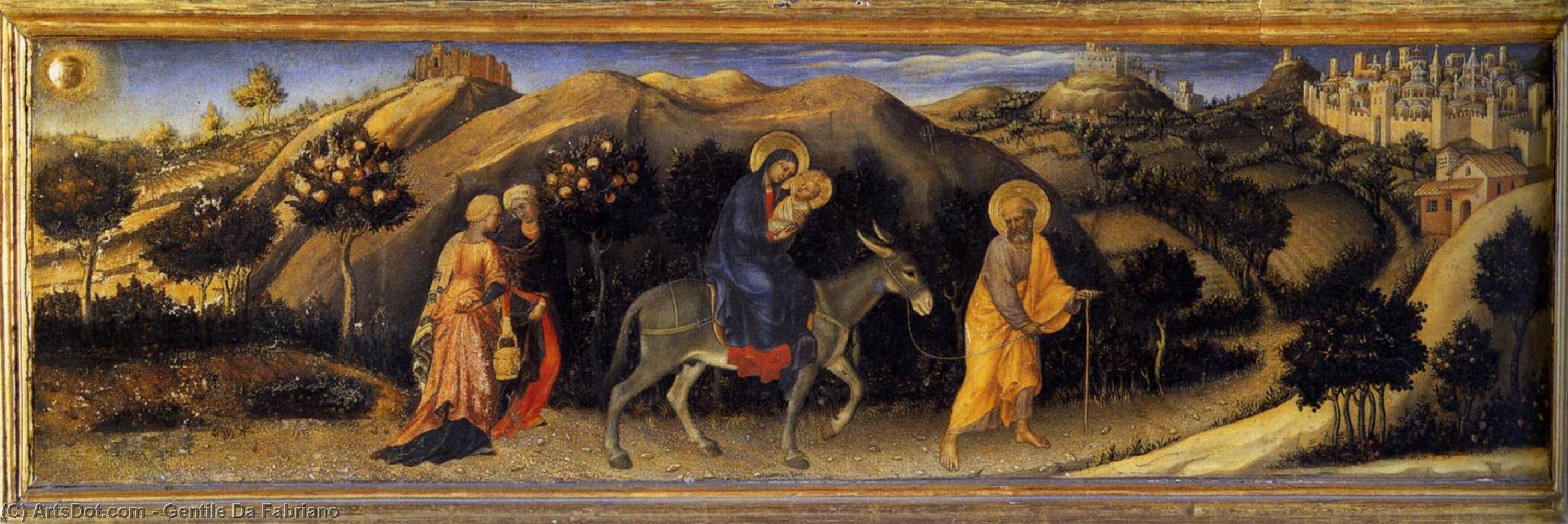 Wikioo.org - The Encyclopedia of Fine Arts - Painting, Artwork by Gentile Da Fabriano - Adoration of the Magi Altarpiece, left hand predella panel depicting Rest during The Flight into Egypt