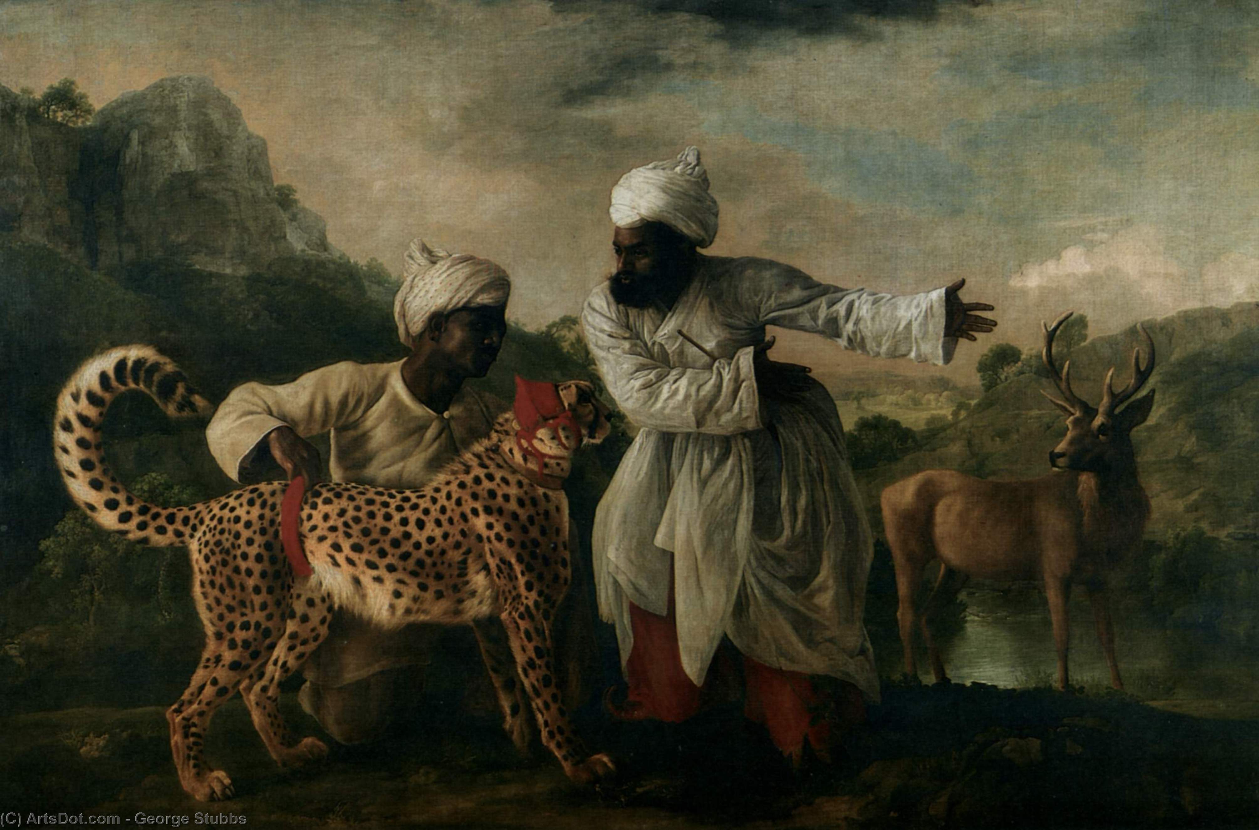 Wikioo.org - The Encyclopedia of Fine Arts - Painting, Artwork by George Stubbs - Cheetah with two Indian servants and a deer
