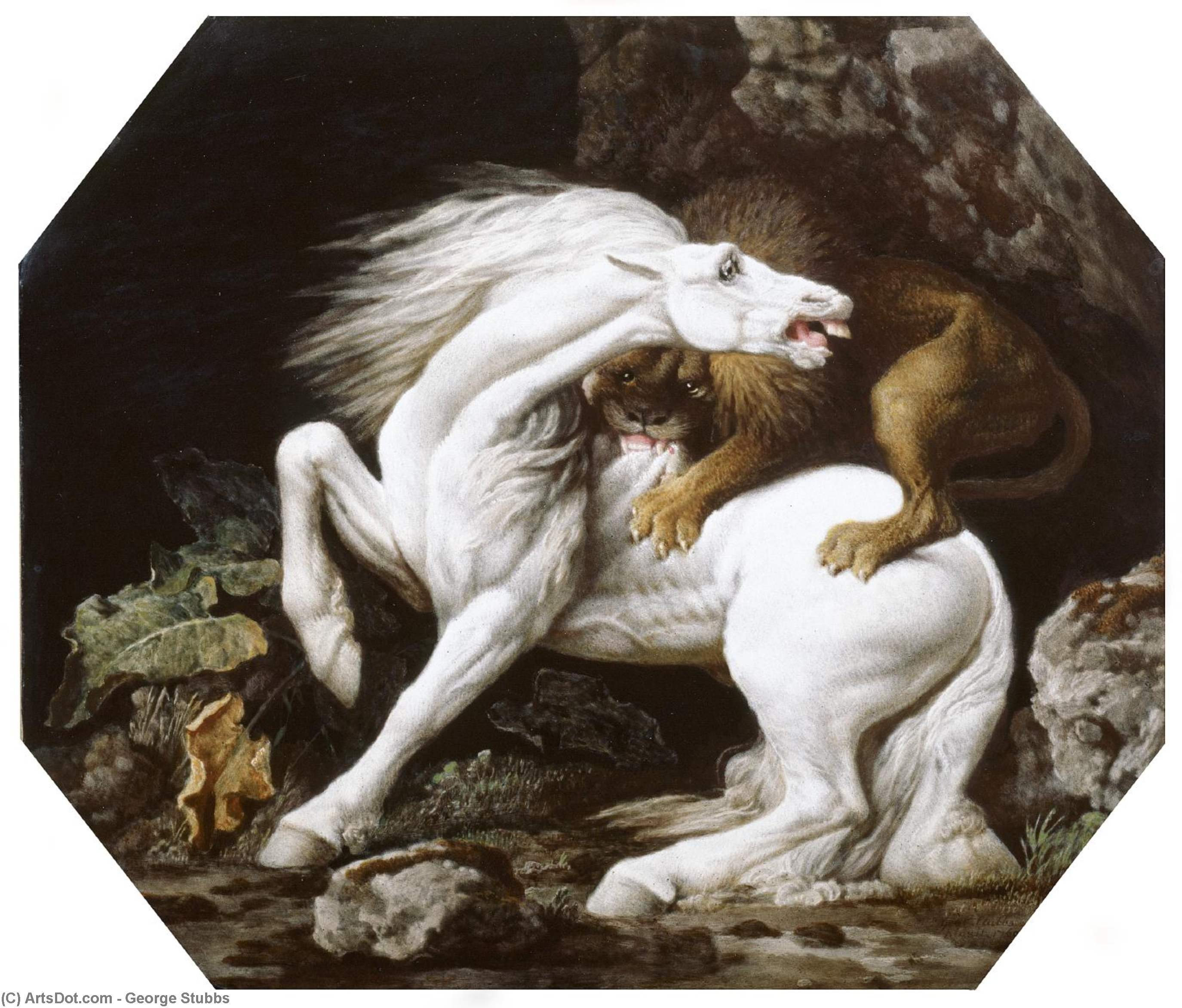 Wikoo.org - موسوعة الفنون الجميلة - اللوحة، العمل الفني George Stubbs - Horse Attacked by a Lion