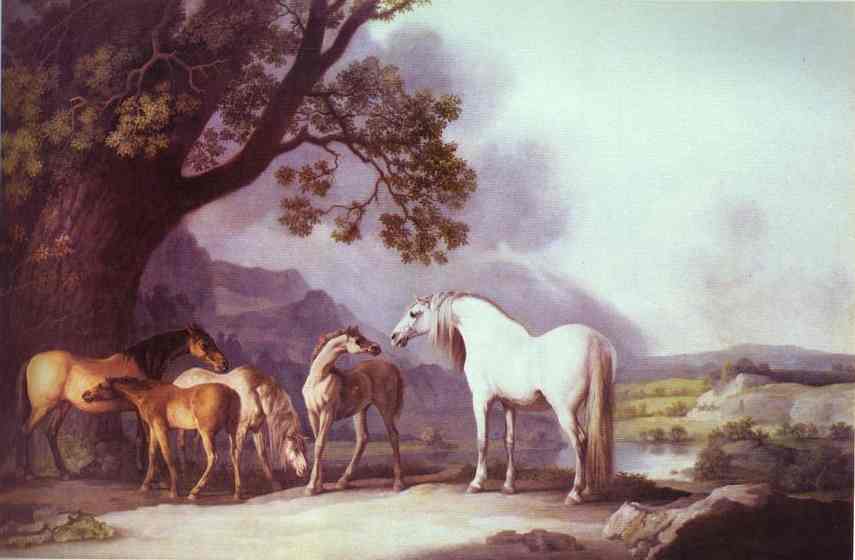 Wikioo.org – La Enciclopedia de las Bellas Artes - Pintura, Obras de arte de George Stubbs - Yeguas y potros en un paisaje montañoso