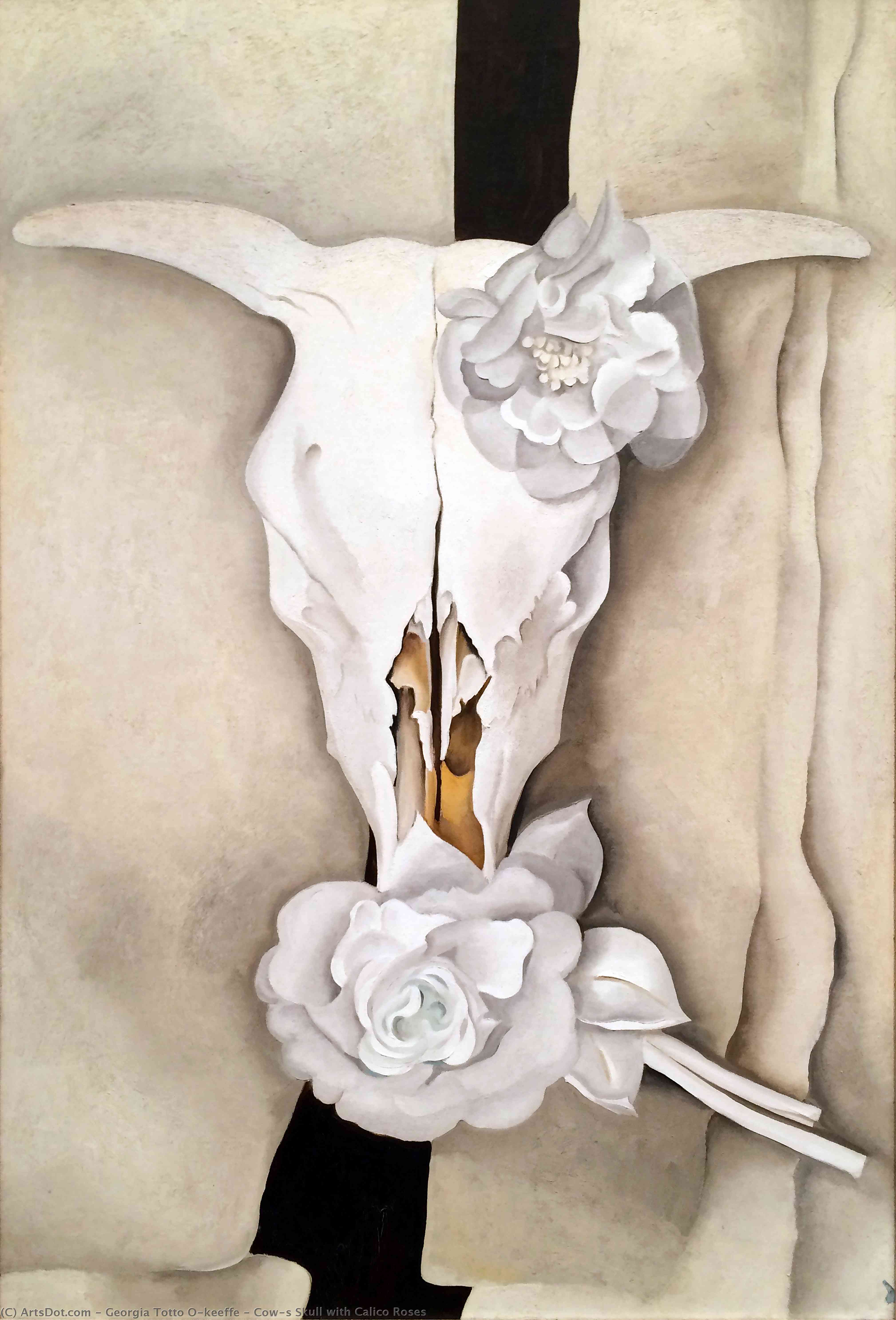 WikiOO.org - Encyclopedia of Fine Arts - Målning, konstverk Georgia Totto O'keeffe - Cow's Skull with Calico Roses