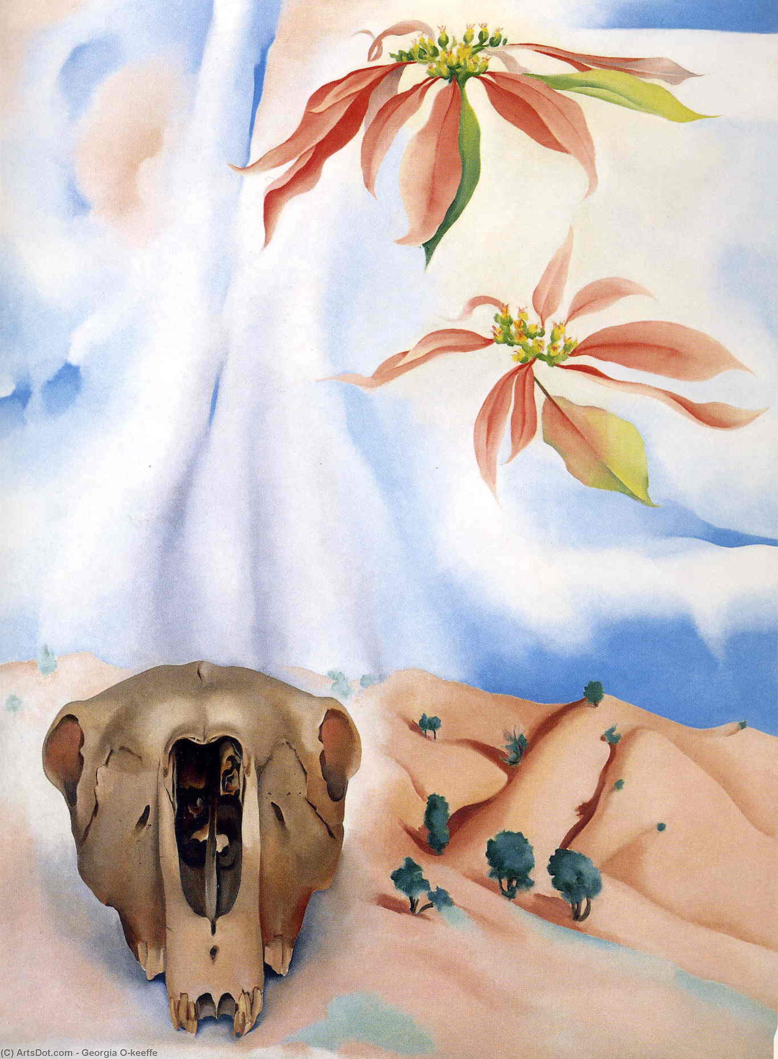 Wikioo.org - The Encyclopedia of Fine Arts - Painting, Artwork by Georgia Totto O'keeffe - Mule`s Skull with Pink Poinsettias