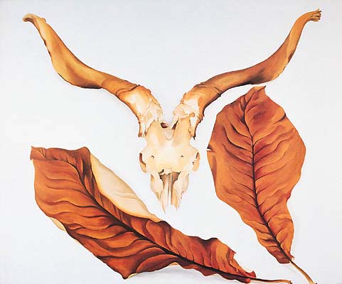 WikiOO.org - Енциклопедия за изящни изкуства - Живопис, Произведения на изкуството Georgia Totto O'keeffe - Ram's Skull with Brown Leaves