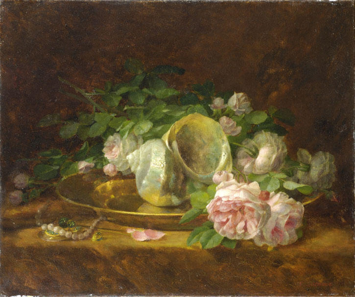 Wikioo.org - The Encyclopedia of Fine Arts - Painting, Artwork by Georgios Jakobides - Platter with Seashells, Roses, Pearls and Earrings