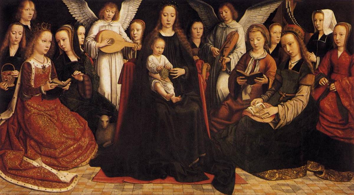 Wikioo.org - The Encyclopedia of Fine Arts - Painting, Artwork by Gerard David - Madonna with Angels and Saints