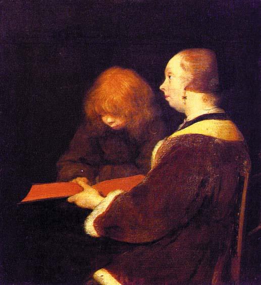 Wikioo.org - The Encyclopedia of Fine Arts - Painting, Artwork by Gerard Ter Borch - The Reading Lesson