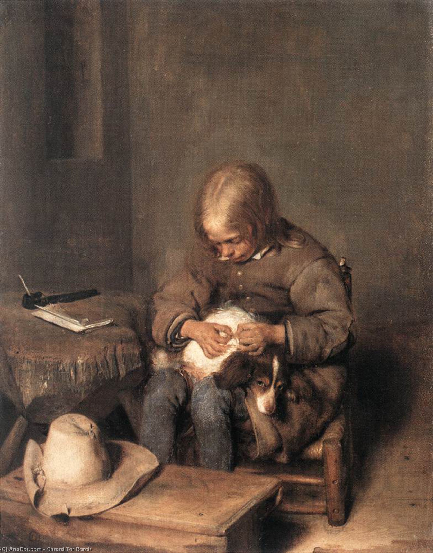 WikiOO.org - Encyclopedia of Fine Arts - Maľba, Artwork Gerard Ter Borch - The Flea-Catcher (Boy with his Dog)