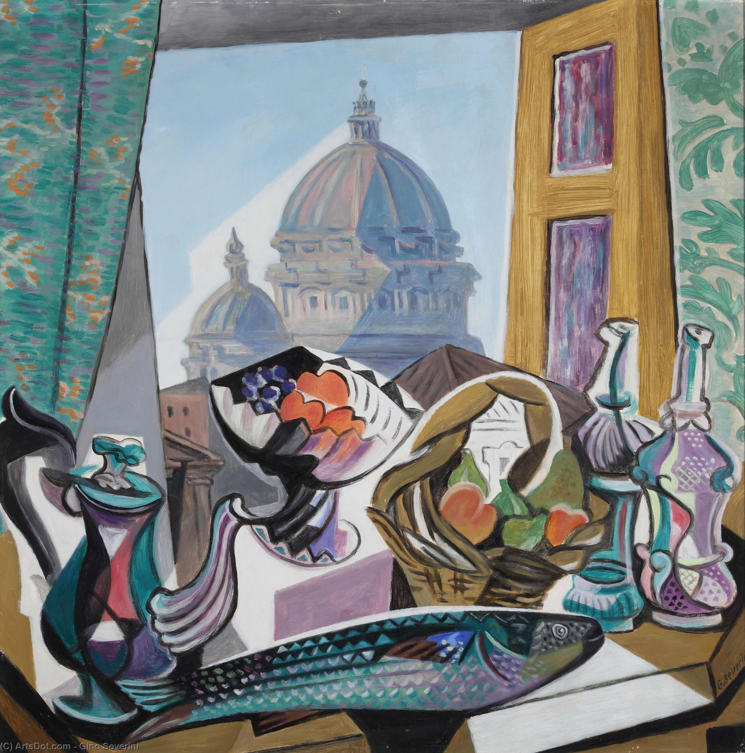 WikiOO.org - Encyclopedia of Fine Arts - Maľba, Artwork Gino Severini - Still Life with the Dome of St. Peter's