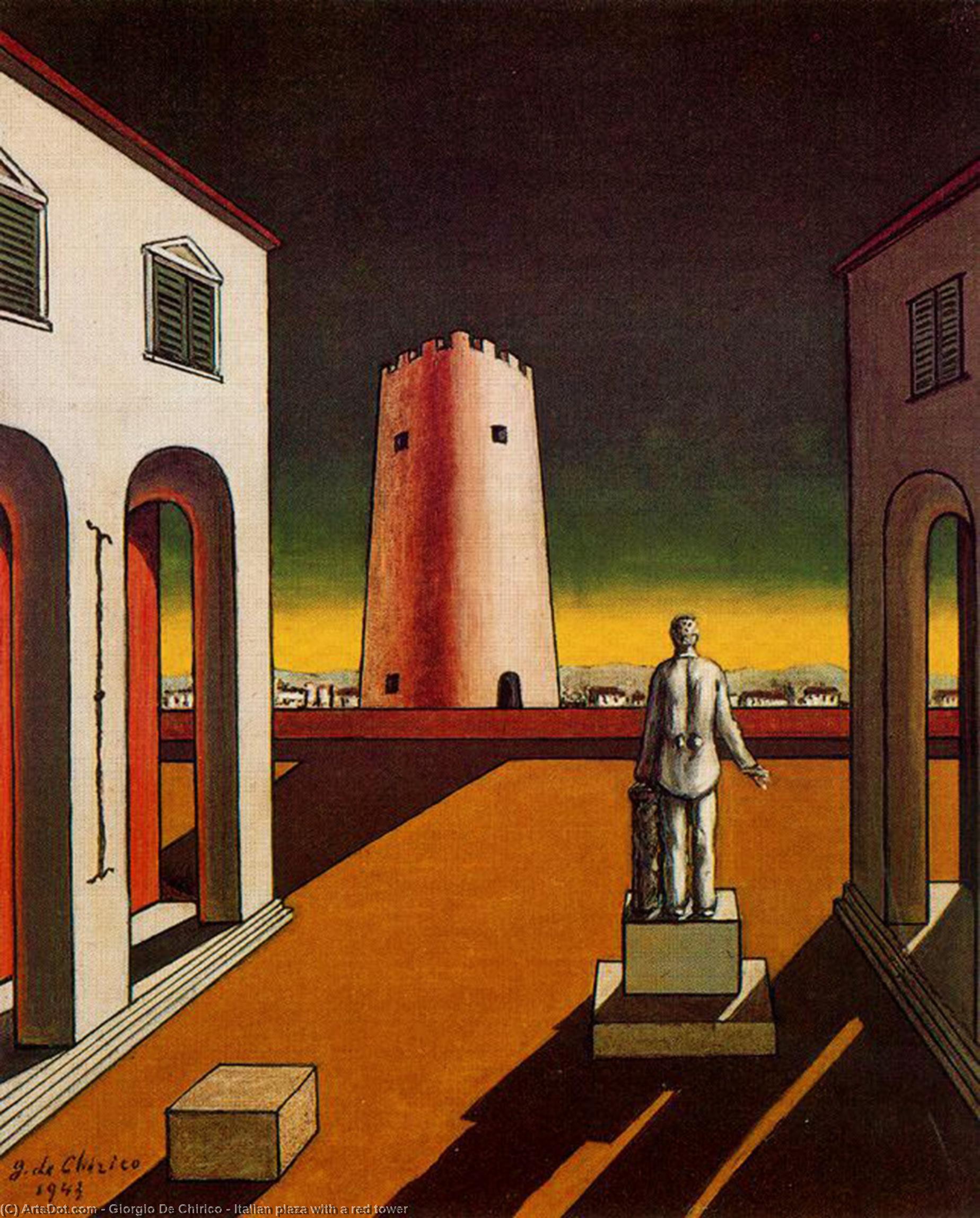 Wikoo.org - موسوعة الفنون الجميلة - اللوحة، العمل الفني Giorgio De Chirico - Italian plaza with a red tower