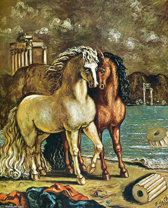 Wikoo.org - موسوعة الفنون الجميلة - اللوحة، العمل الفني Giorgio De Chirico - Antique Horses on the Aegean Shore