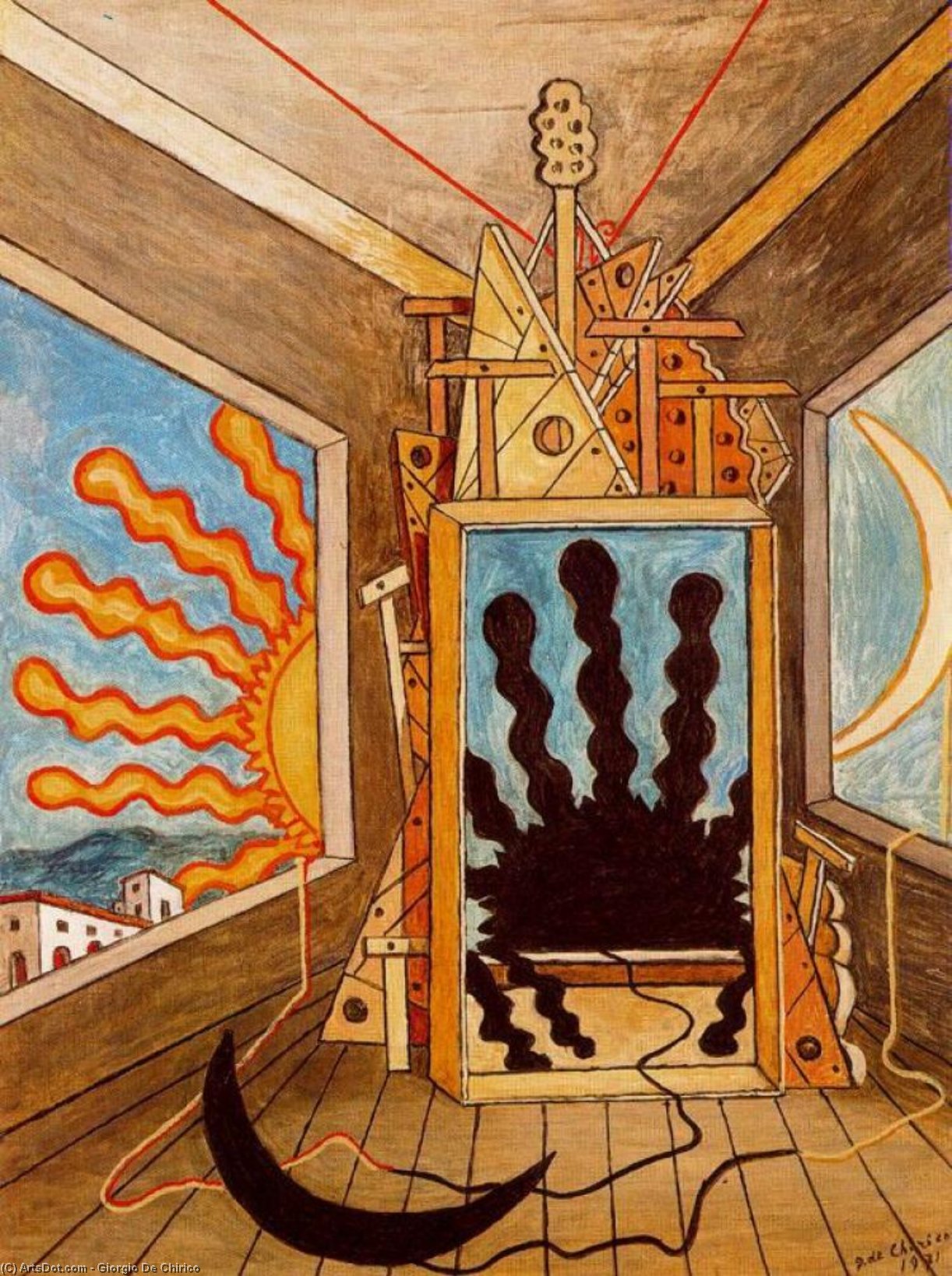 Wikioo.org - The Encyclopedia of Fine Arts - Painting, Artwork by Giorgio De Chirico - Metaphysical Interior with sun which dies
