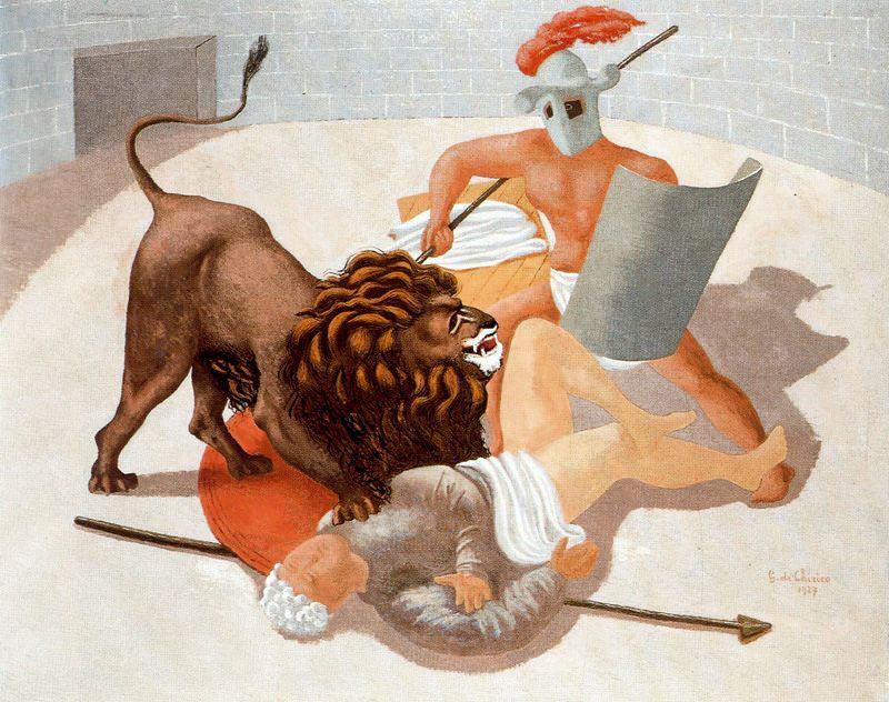 Wikioo.org - The Encyclopedia of Fine Arts - Painting, Artwork by Giorgio De Chirico - Gladiators and Lion