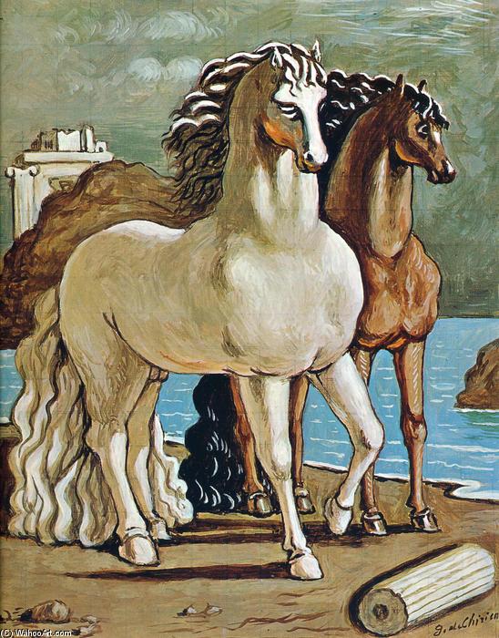 WikiOO.org - Enciklopedija dailės - Tapyba, meno kuriniai Giorgio De Chirico - Two Horses by a Lake