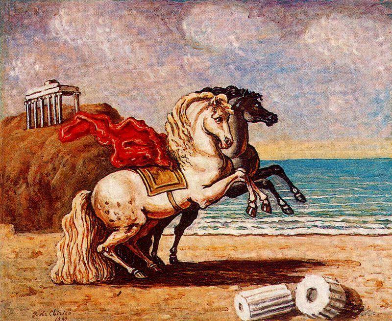 Wikioo.org - Encyklopedia Sztuk Pięknych - Malarstwo, Grafika Giorgio De Chirico - Horses and temple