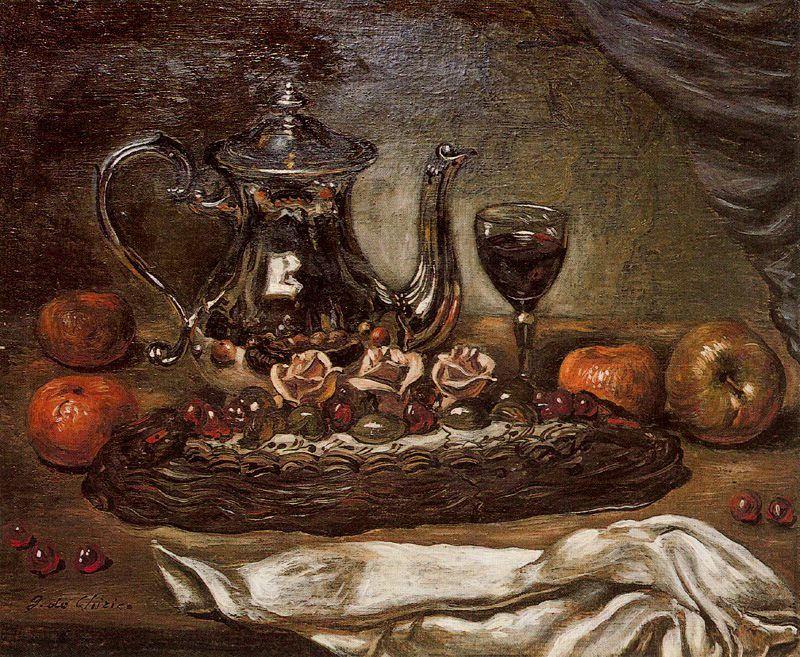 WikiOO.org - Enciklopedija likovnih umjetnosti - Slikarstvo, umjetnička djela Giorgio De Chirico - Silver teapot and cake on a plate