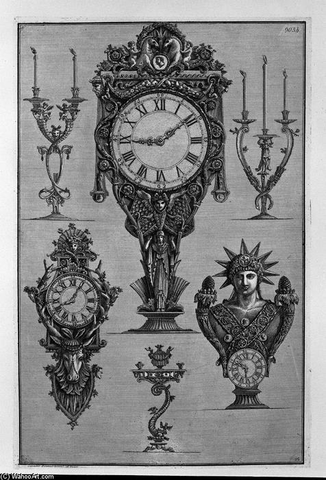 WikiOO.org - Encyclopedia of Fine Arts - Maľba, Artwork Giovanni Battista Piranesi - Three clocks and three candelabra