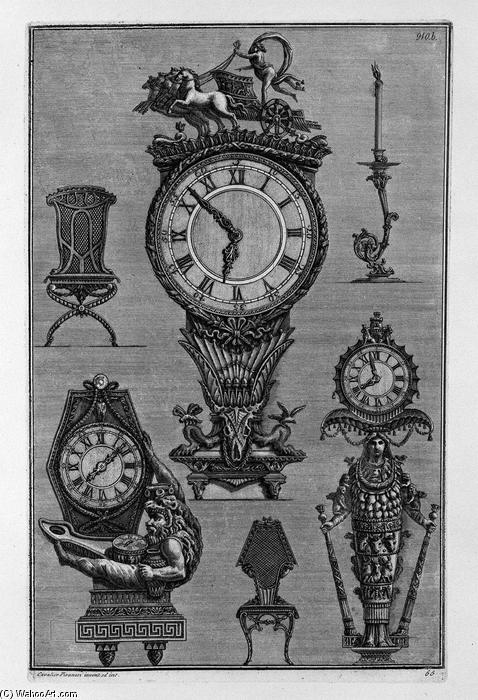 WikiOO.org - Encyclopedia of Fine Arts - Maalaus, taideteos Giovanni Battista Piranesi - Three clocks, two chairs, a chandelier