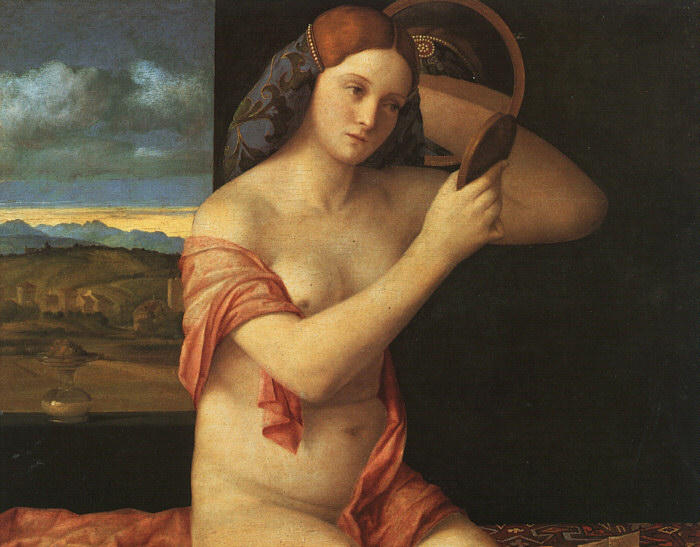 WikiOO.org - 百科事典 - 絵画、アートワーク Giovanni Bellini - 裸の 若い女性 の前に ザー ミラー