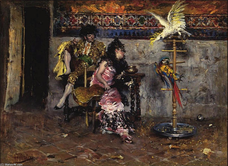 Wikioo.org - The Encyclopedia of Fine Arts - Painting, Artwork by Giovanni Boldini - Couple in Spanish dress with two parrots (El Matador)