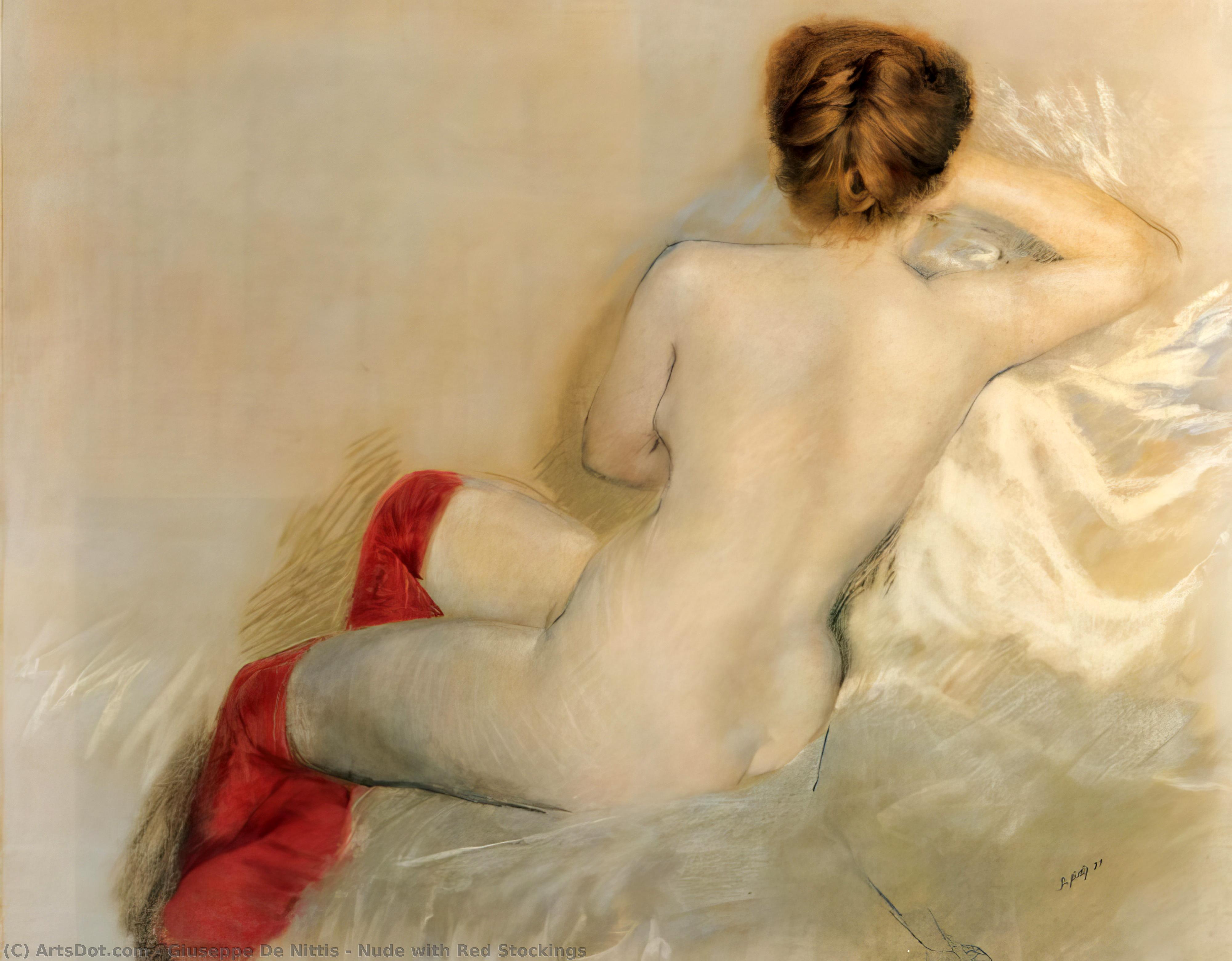WikiOO.org - Encyclopedia of Fine Arts - Festés, Grafika Giuseppe De Nittis - Nude with Red Stockings