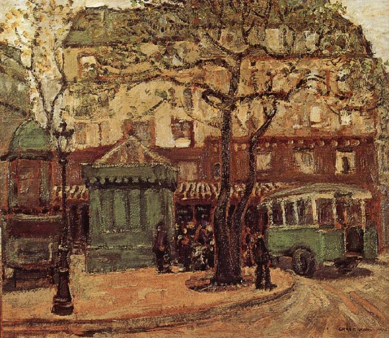 Wikoo.org - موسوعة الفنون الجميلة - اللوحة، العمل الفني Grant Wood - Greenish Bus in Street of Paris