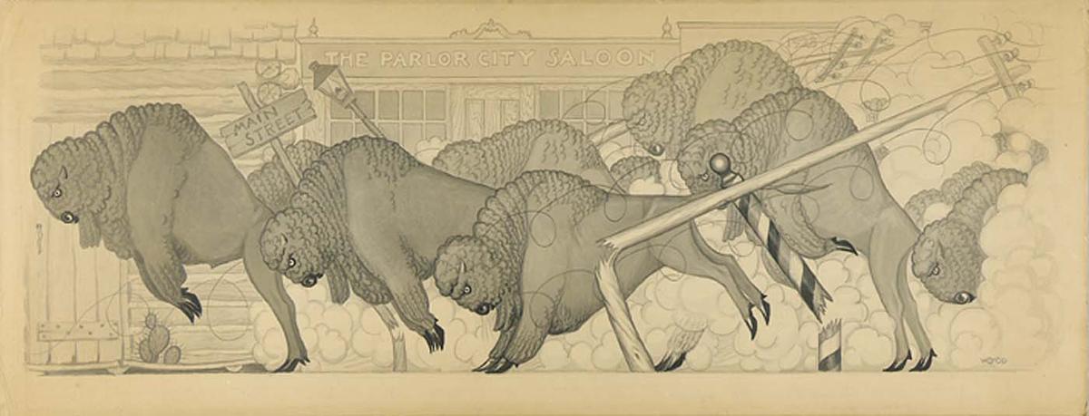 WikiOO.org - دایره المعارف هنرهای زیبا - نقاشی، آثار هنری Grant Wood - Untitled, from suite Savage Iowa (Buffalo Stampede)