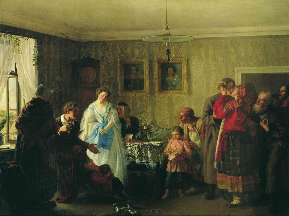 Wikioo.org – L'Encyclopédie des Beaux Arts - Peinture, Oeuvre de Grigoriy Myasoyedov - Les félicitations du fiancé dans la maison de propriétaire