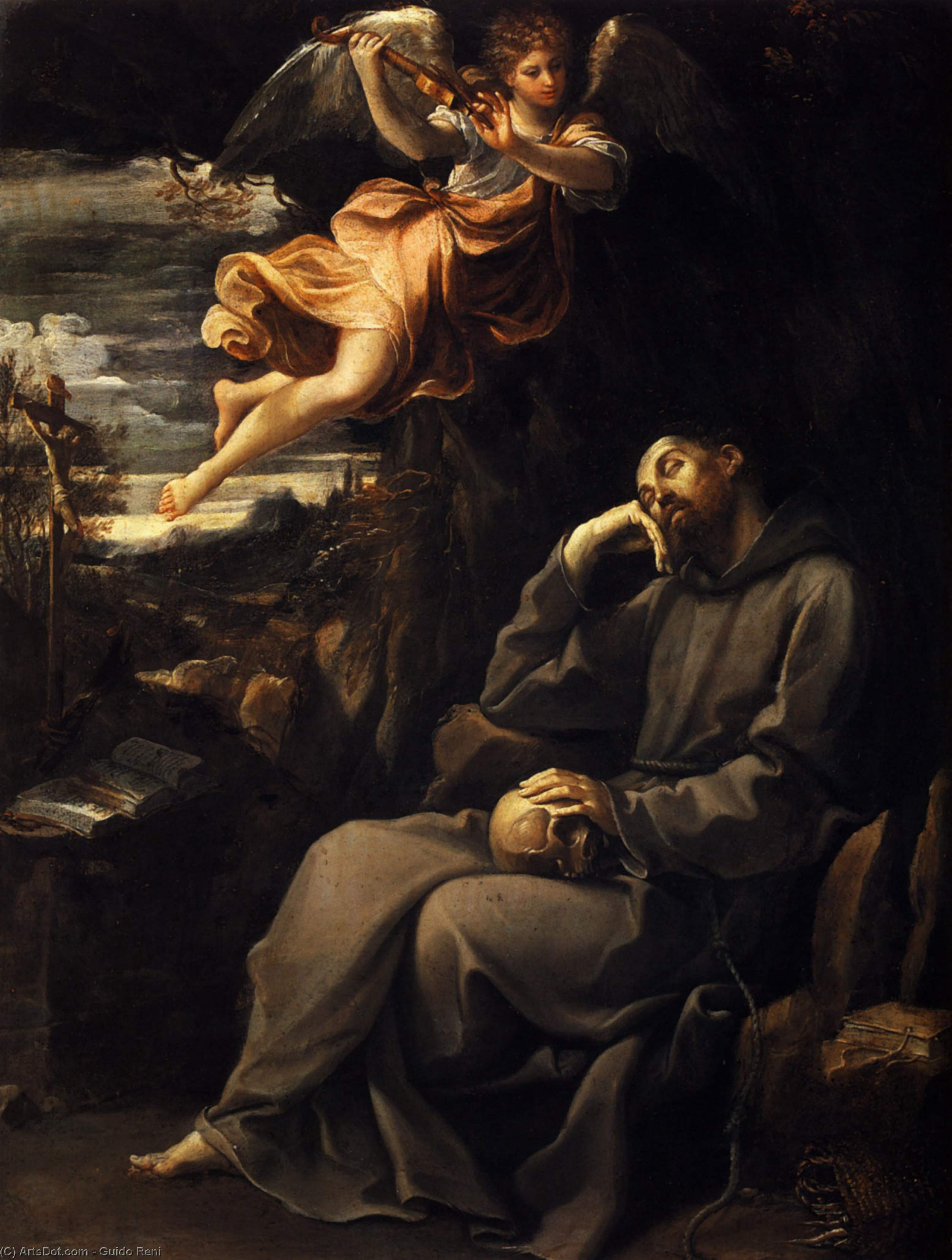 Wikioo.org - The Encyclopedia of Fine Arts - Painting, Artwork by Reni Guido (Le Guide) - Saint Francis deadened with an angel musician